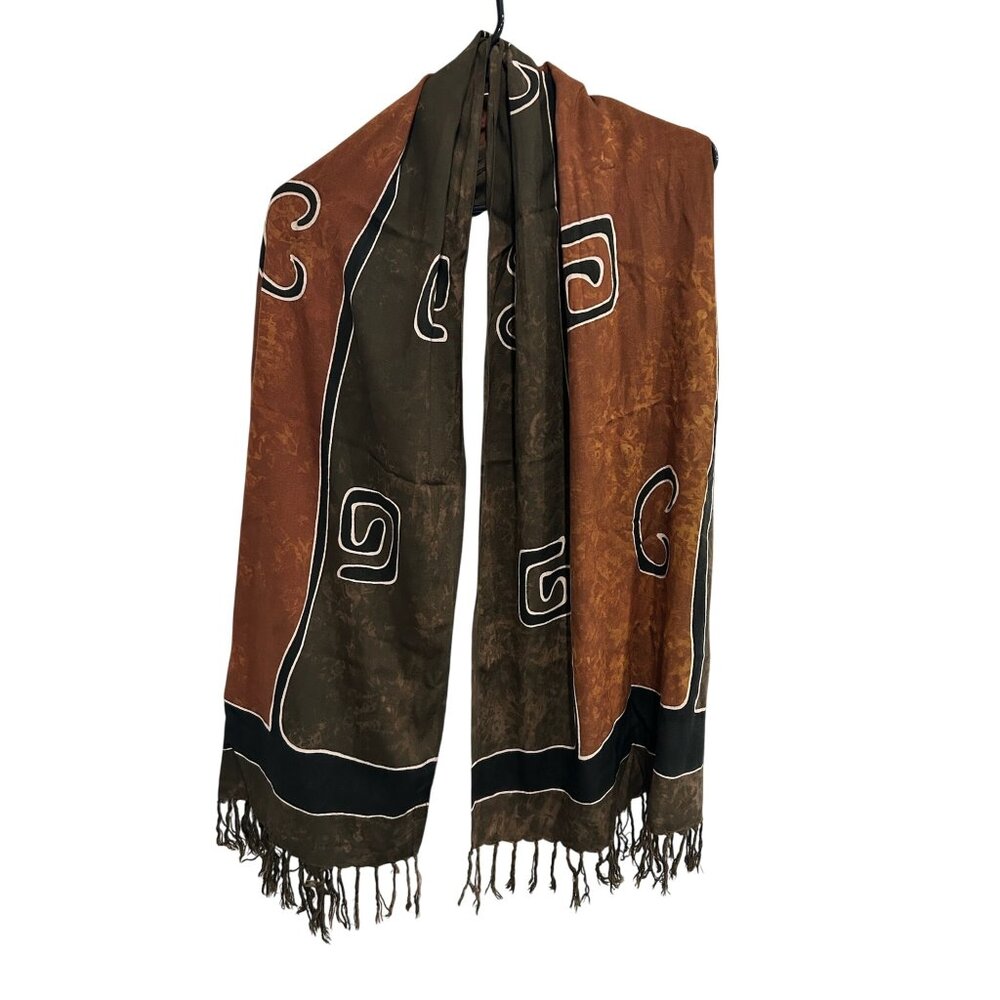 Handmade Blue Hand Rayon Scarf Brown Green Batik Pattern From Bali Indonesia